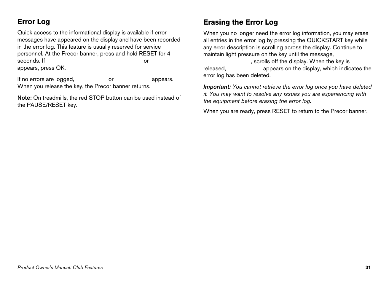 Error log, Erasing the error log | Precor 946l User Manual | Page 33 / 101