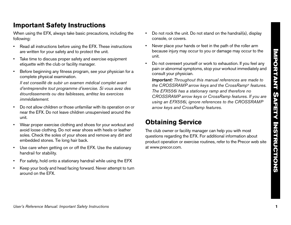 Important safety instructions, Obtaining service | Precor 946l User Manual | Page 50 / 101