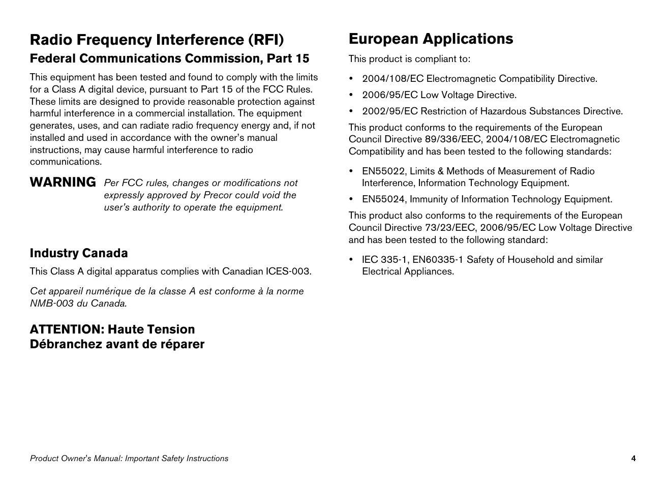 Radio frequency interference (rfi), European applications, Warning | Precor 946l User Manual | Page 6 / 101