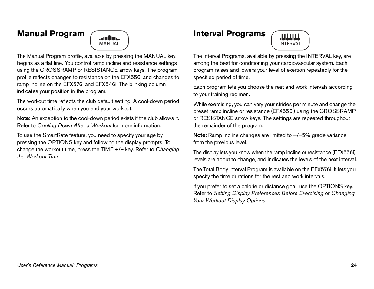 Manual program, Interval programs, Manual program interval programs | Precor 946l User Manual | Page 73 / 101