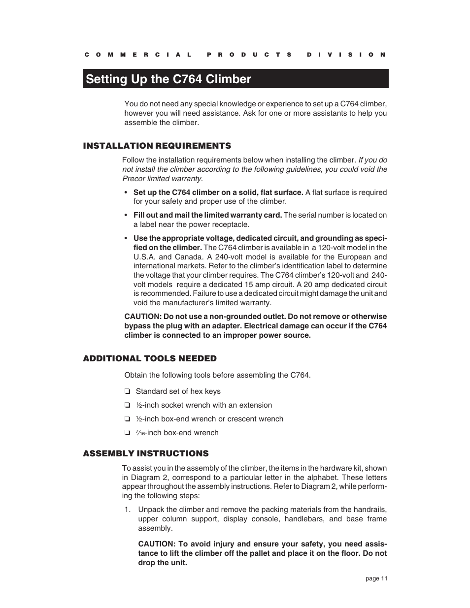 Setting up the c764 climber, Installation requirements, Additional tools needed | Assembly instructions | Precor C764 User Manual | Page 11 / 48