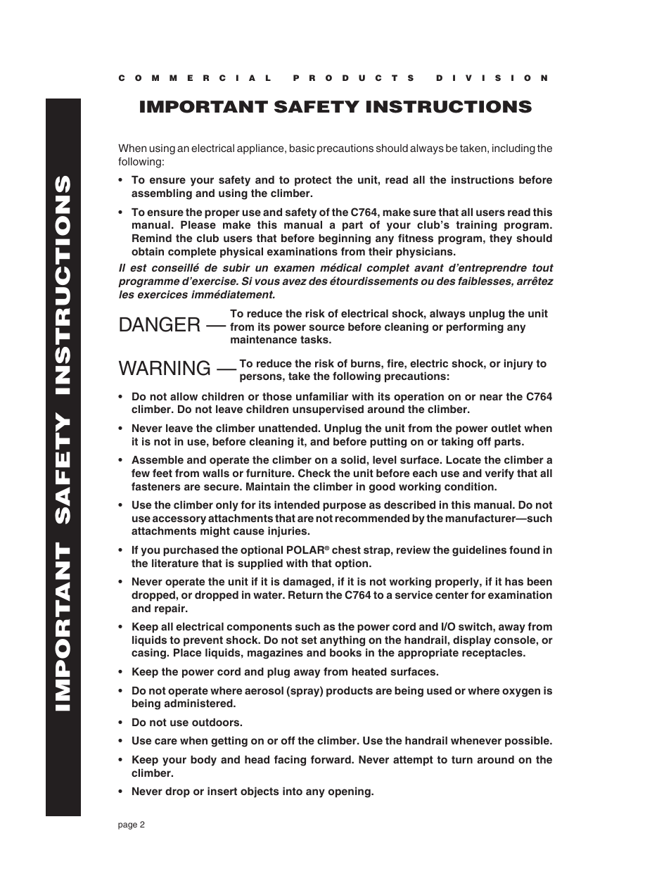 Impor t ant safety instructions, Danger — warning, Important safety instructions | Precor C764 User Manual | Page 2 / 48