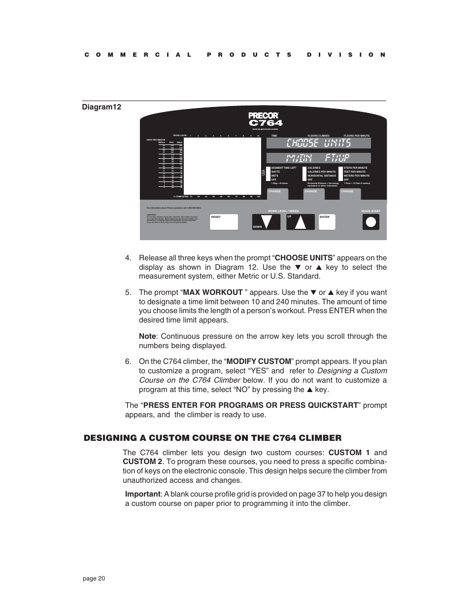 Designing a custom course on the c764 climber, C764, Page 20 | Precor C764 User Manual | Page 20 / 48