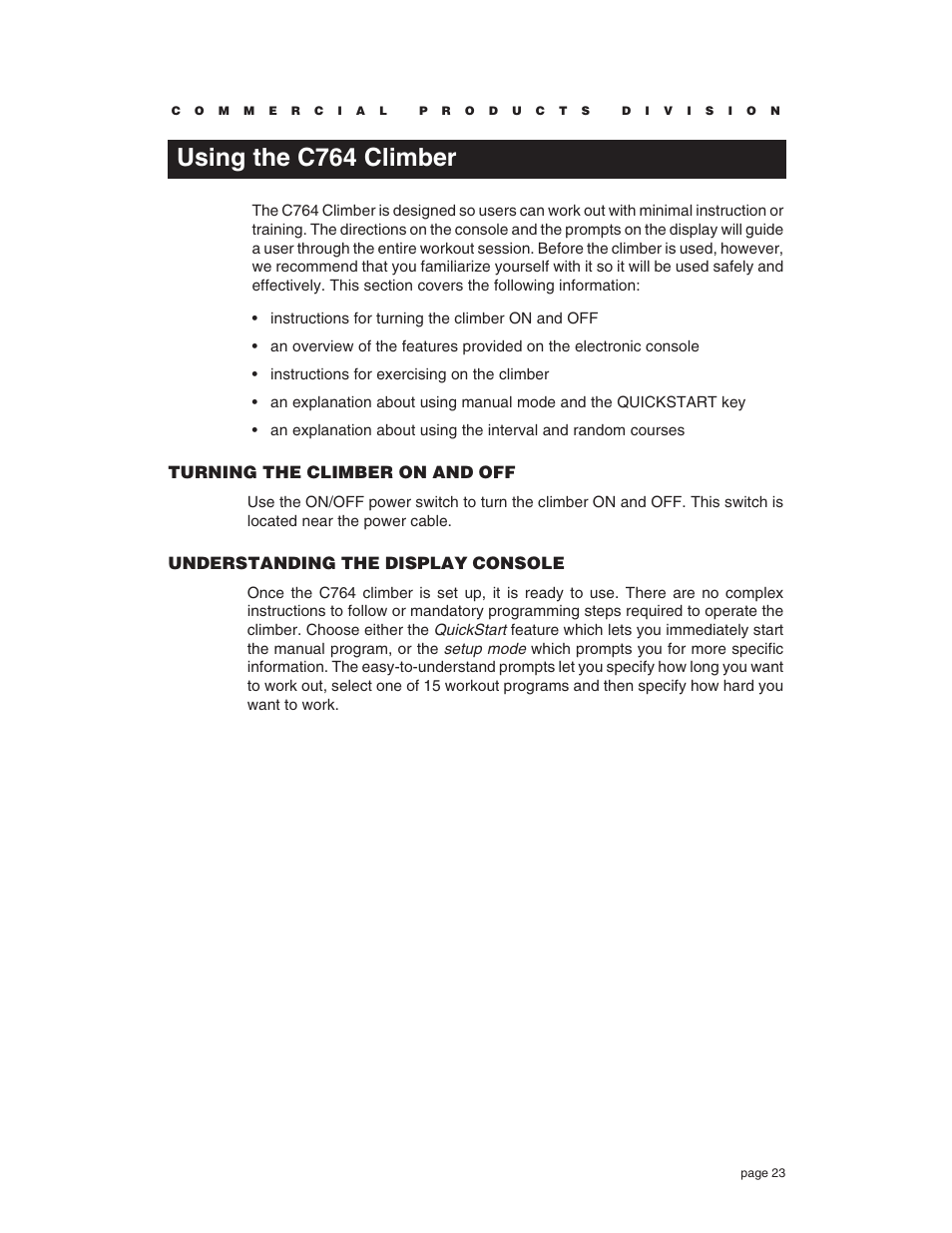 Using the c764 climber, Turning the climber on and off, Understanding the display console | Precor C764 User Manual | Page 23 / 48