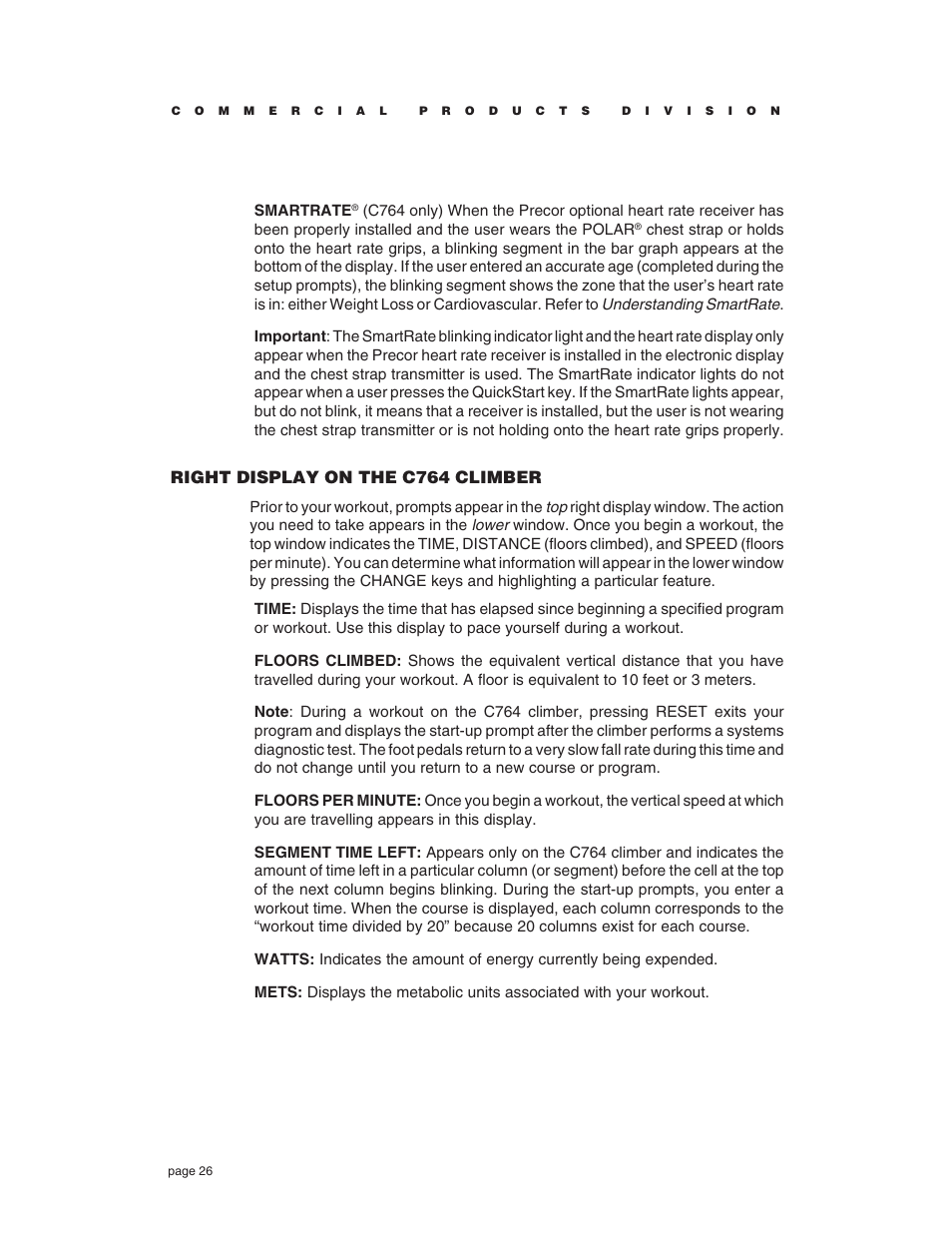 Right display on the c764 climber | Precor C764 User Manual | Page 26 / 48