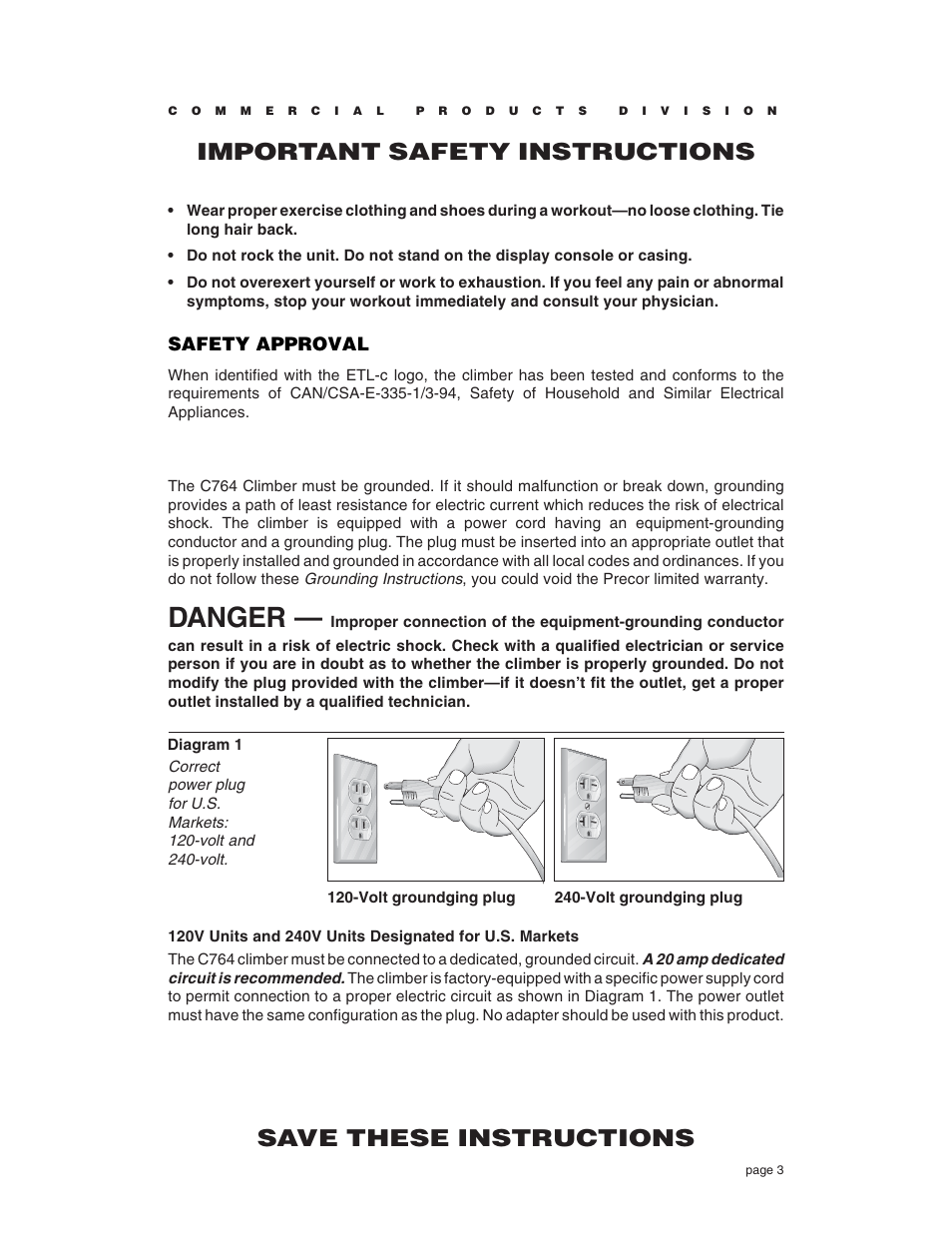 Danger, Safety approval | Precor C764 User Manual | Page 3 / 48