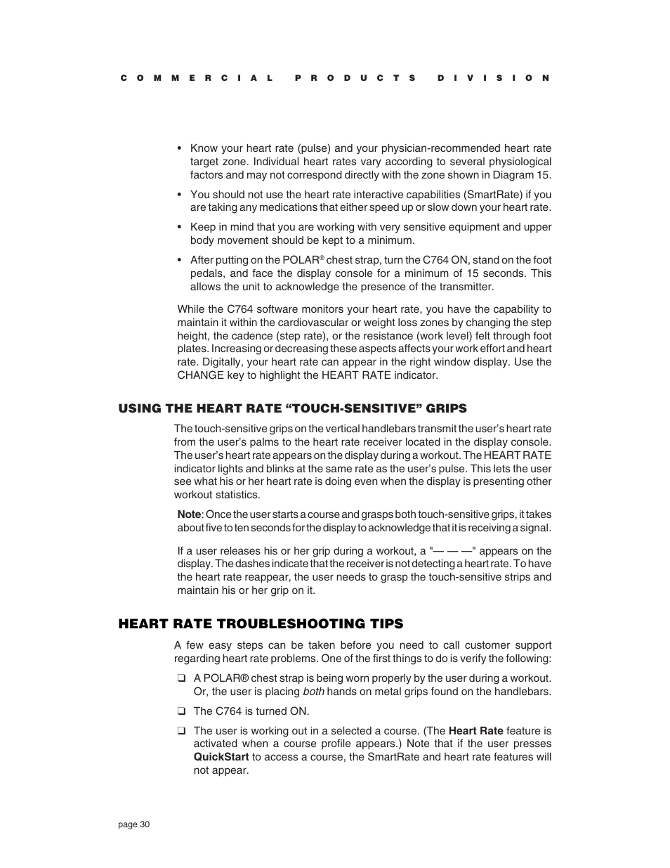 Heart rate troubleshooting tips, Using the heart rate “touch-sensitive” grips | Precor C764 User Manual | Page 30 / 48