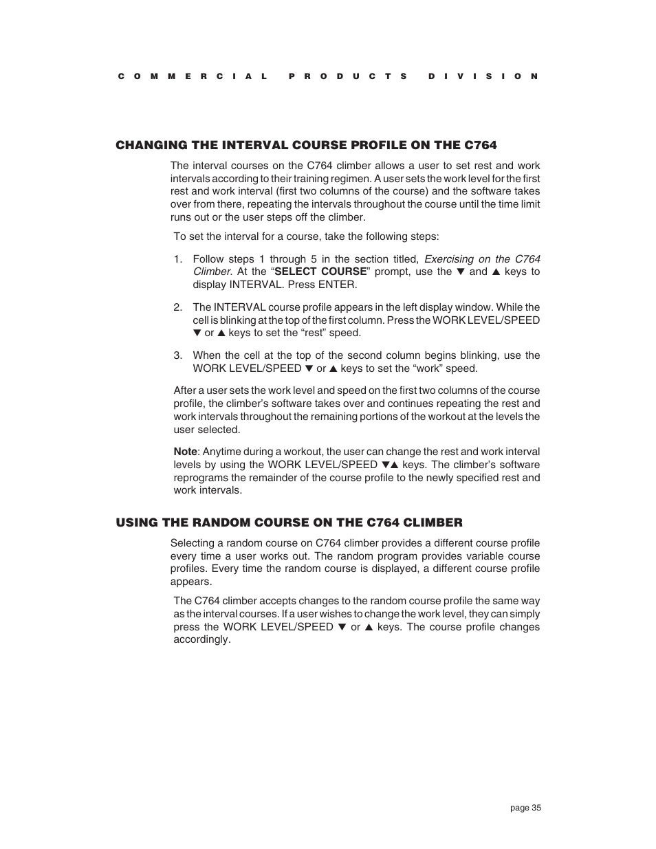 Changing the interval course profile on the c764, Using the random course on the c764 climber | Precor C764 User Manual | Page 35 / 48