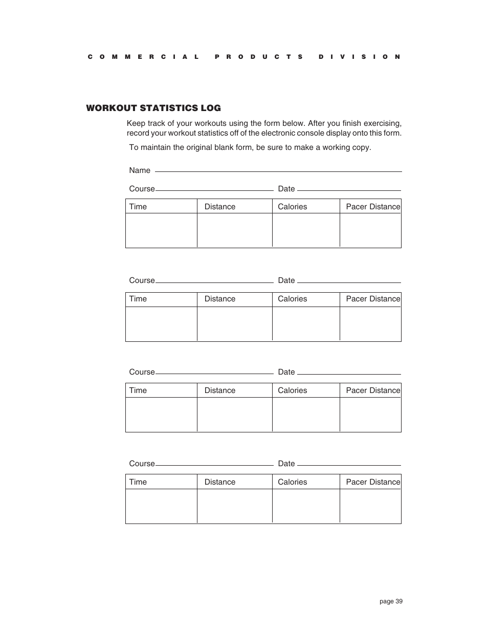 Workout statistics log | Precor C764 User Manual | Page 39 / 48
