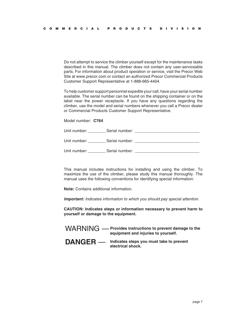 Warning — danger | Precor C764 User Manual | Page 7 / 48