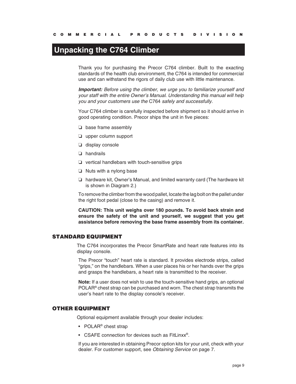 Unpacking the c764 climber, Standard equipment, Other equipment | Precor C764 User Manual | Page 9 / 48