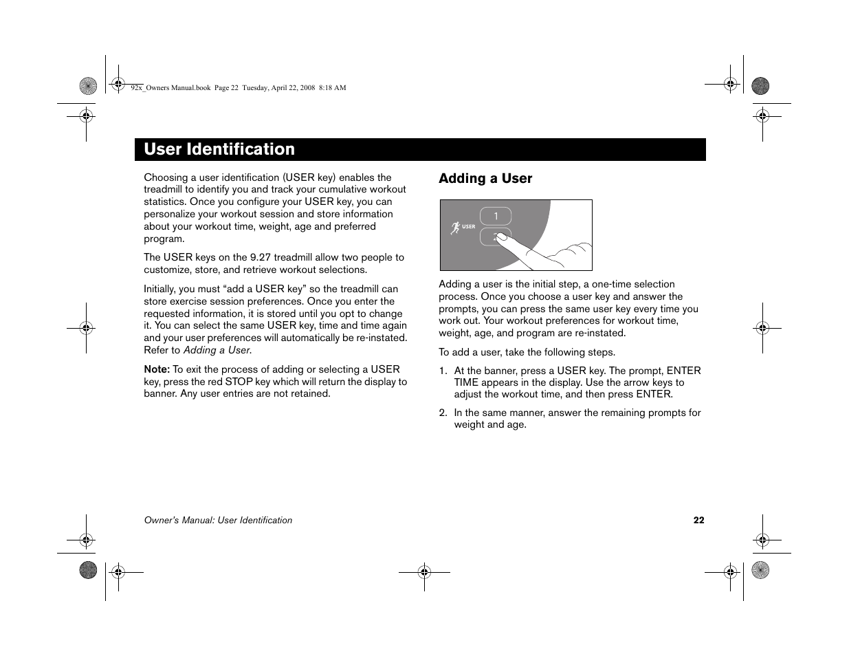 User identification, Adding a user | Precor MOVE BEYOND 9.23 User Manual | Page 24 / 58