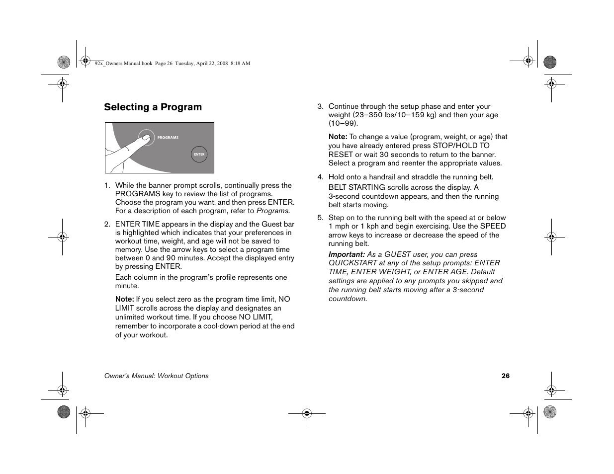 Selecting a program | Precor MOVE BEYOND 9.23 User Manual | Page 28 / 58