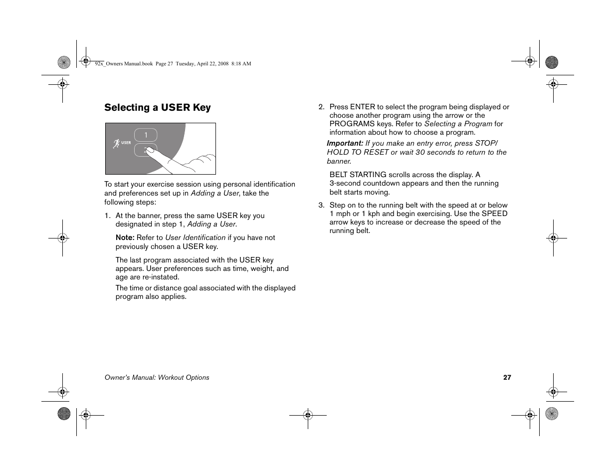 Selecting a user key | Precor MOVE BEYOND 9.23 User Manual | Page 29 / 58