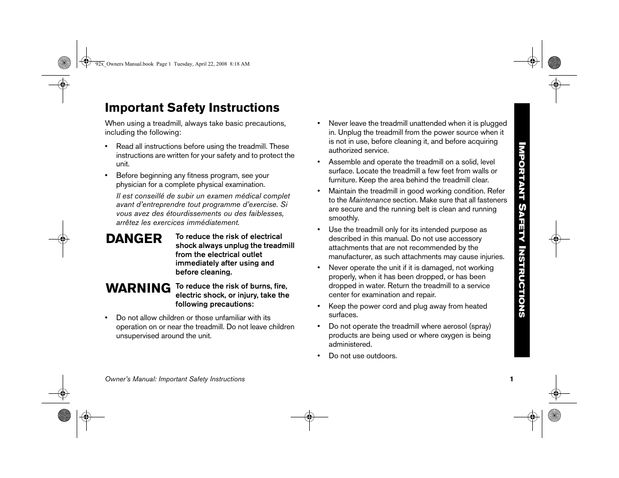 Danger warning, Important safety instructions | Precor MOVE BEYOND 9.23 User Manual | Page 3 / 58