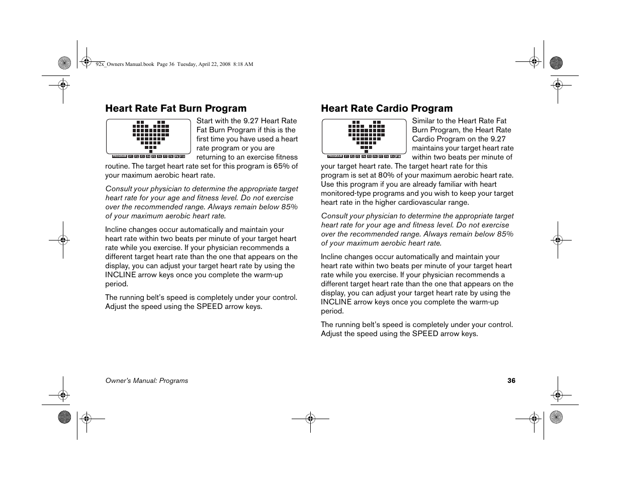 Heart rate fat burn program, Heart rate cardio program | Precor MOVE BEYOND 9.23 User Manual | Page 38 / 58