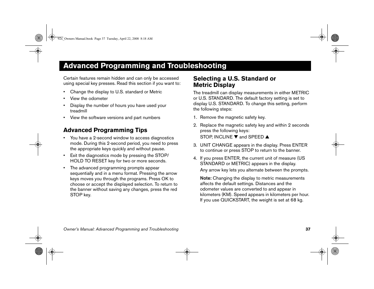 Advanced programming and troubleshooting, Advanced programming tips, Selecting a u.s. standard or metric display | Precor MOVE BEYOND 9.23 User Manual | Page 39 / 58