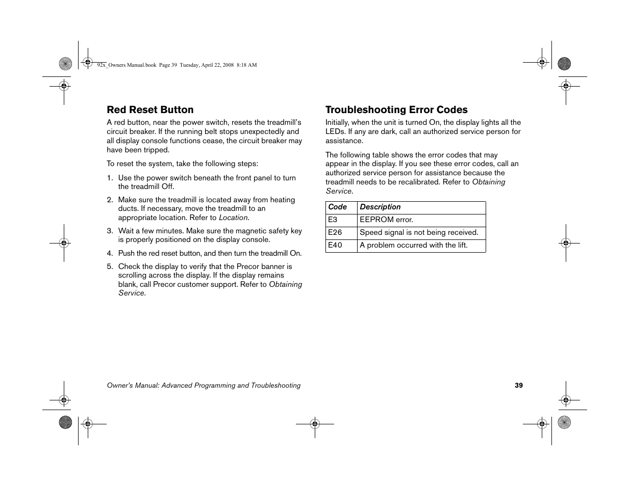 Red reset button, Troubleshooting error codes | Precor MOVE BEYOND 9.23 User Manual | Page 41 / 58