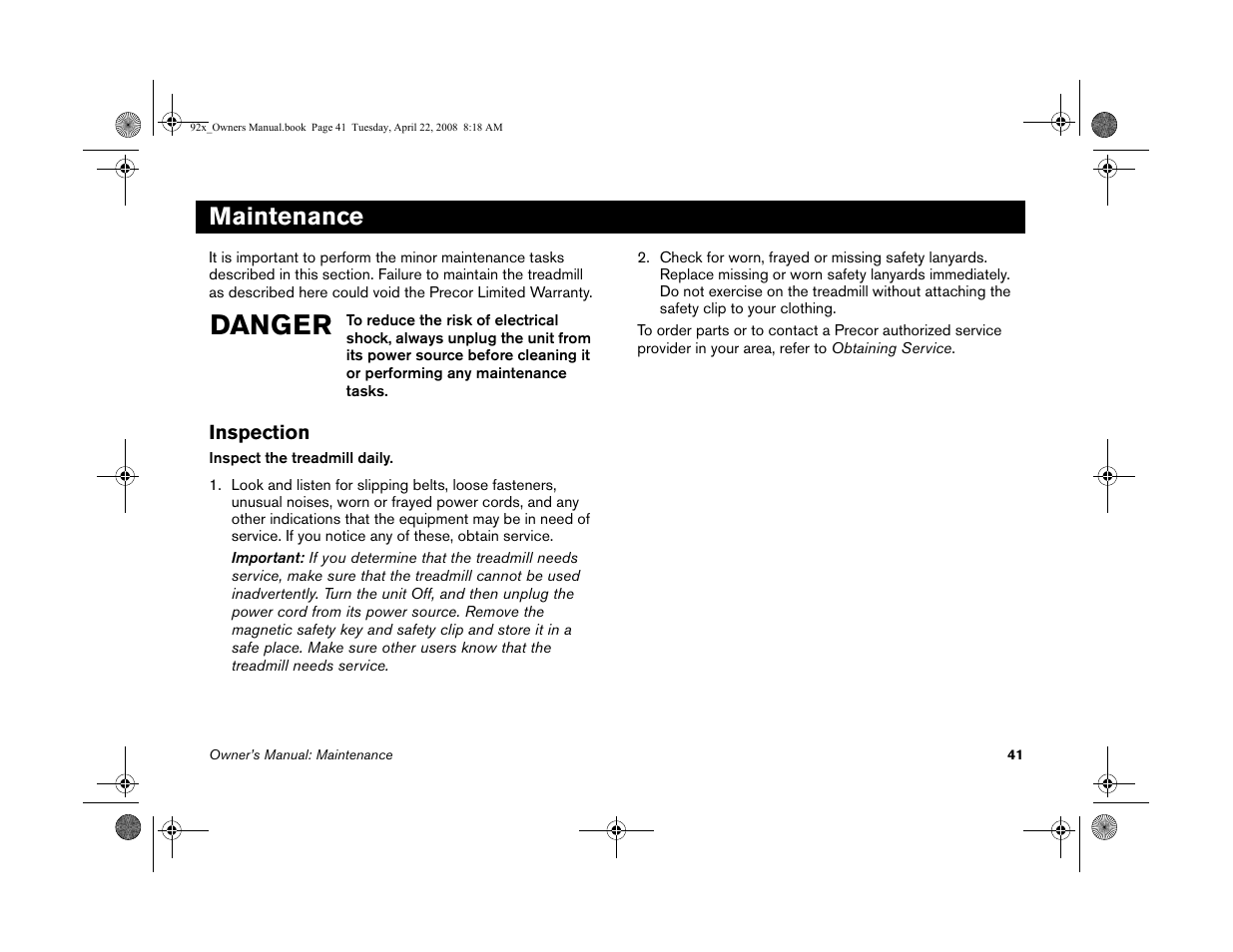 Danger, Maintenance | Precor MOVE BEYOND 9.23 User Manual | Page 43 / 58