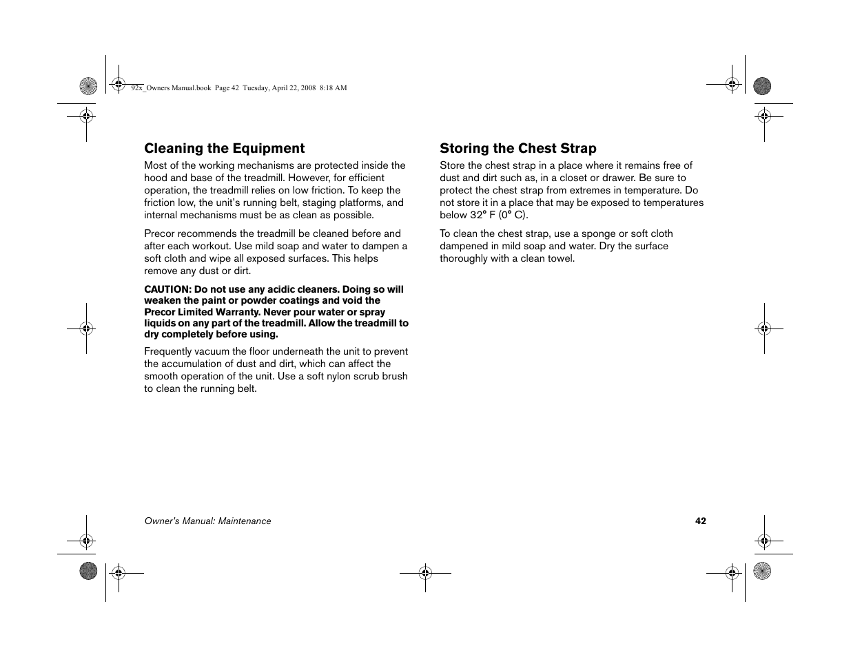 Cleaning the equipment, Storing the chest strap | Precor MOVE BEYOND 9.23 User Manual | Page 44 / 58