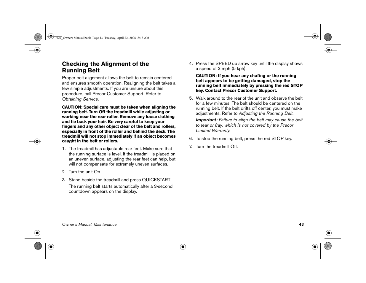 Checking the alignment of the running belt | Precor MOVE BEYOND 9.23 User Manual | Page 45 / 58