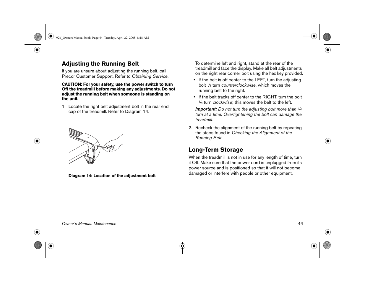 Adjusting the running belt, Long-term storage | Precor MOVE BEYOND 9.23 User Manual | Page 46 / 58