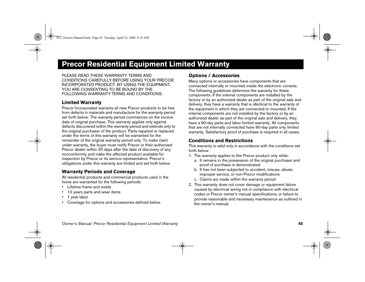 Precor residential equipment limited warranty | Precor MOVE BEYOND 9.23 User Manual | Page 47 / 58