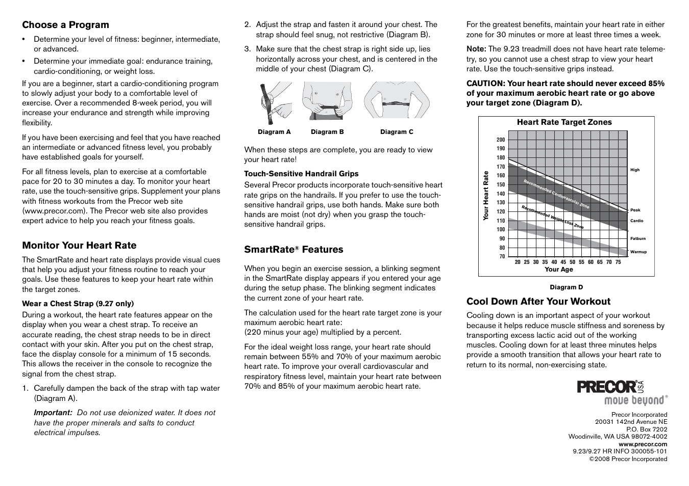 Choose a program, Monitor your heart rate, Smartrate | Features, Cool down after your workout | Precor MOVE BEYOND 9.23 User Manual | Page 56 / 58