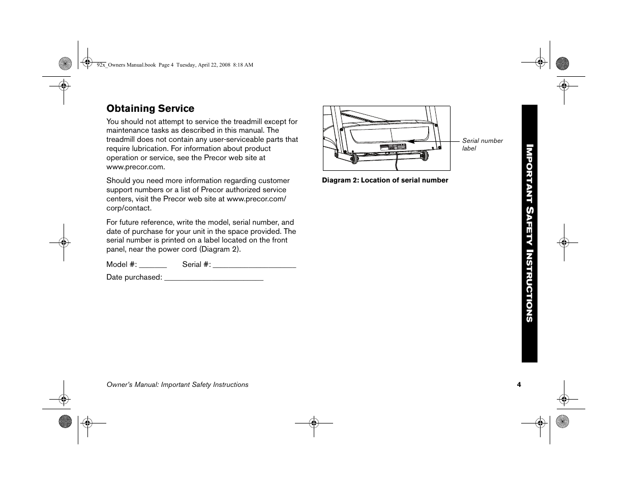 Obtaining service | Precor MOVE BEYOND 9.23 User Manual | Page 6 / 58