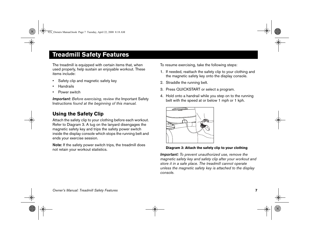 Treadmill safety features, Using the safety clip | Precor MOVE BEYOND 9.23 User Manual | Page 9 / 58