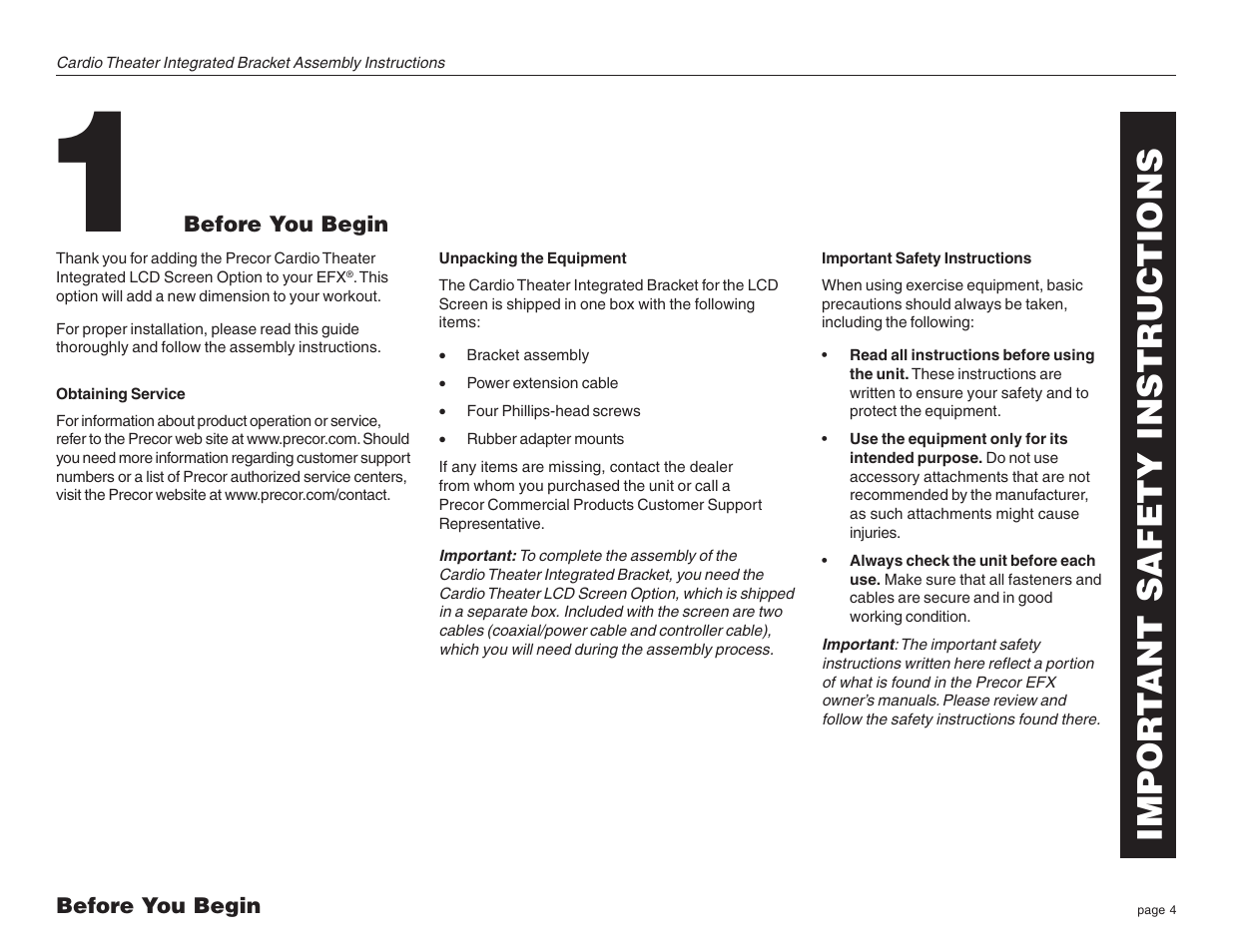 Before you begin, Obtaining service, Unpacking the equipment | Important safety instructions, Impor t ant safety instructions | Precor Cardio Theater Integrated Bracket Assembly Instructions EFX LCD User Manual | Page 4 / 28