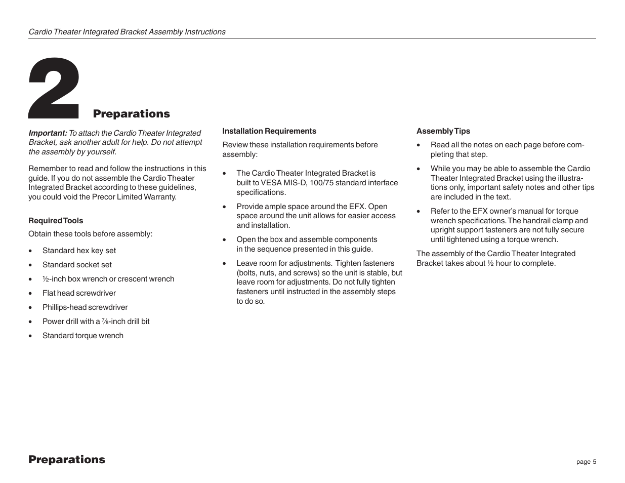 Preparations, Required tools, Installation requirements | Assembly tips | Precor Cardio Theater Integrated Bracket Assembly Instructions EFX LCD User Manual | Page 5 / 28