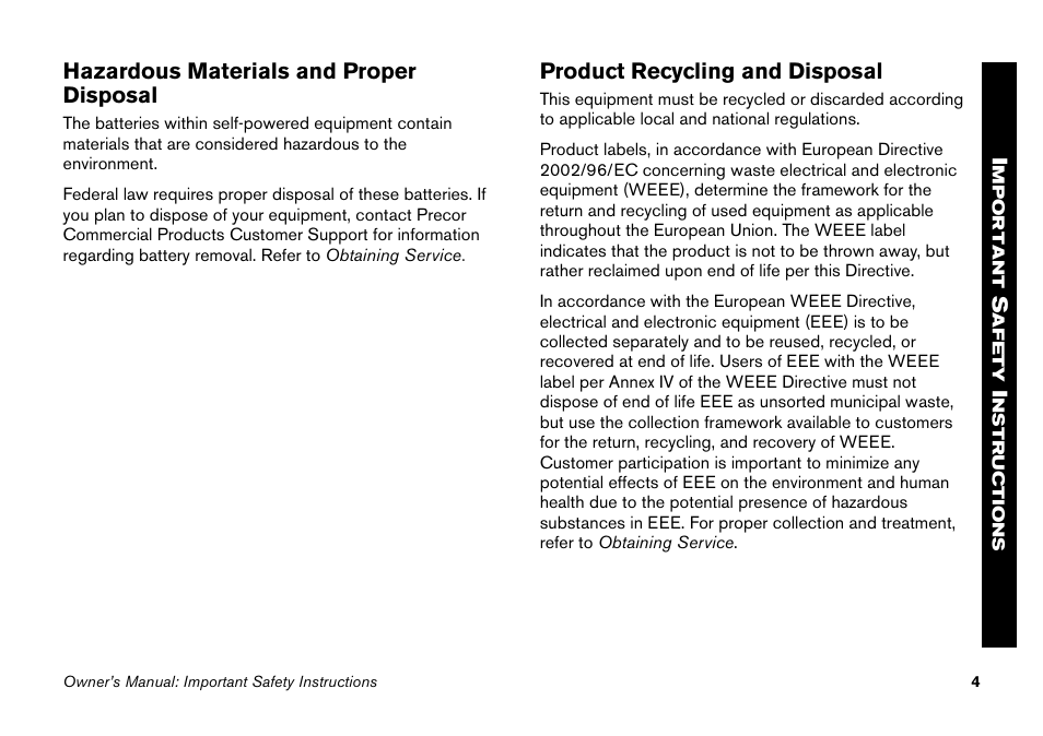 Hazardous materials and proper disposal, Product recycling and disposal | Precor PECOR ELLITICAL FITNESS CROSSTRAINER EFX User Manual | Page 20 / 62