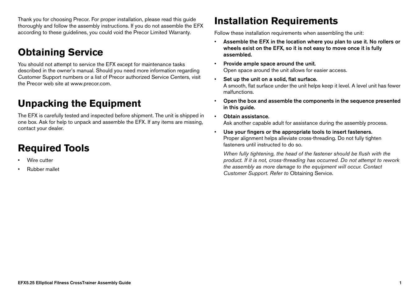 Obtaining service, Unpacking the equipment, Required tools | Installation requirements | Precor PECOR ELLITICAL FITNESS CROSSTRAINER EFX User Manual | Page 3 / 62