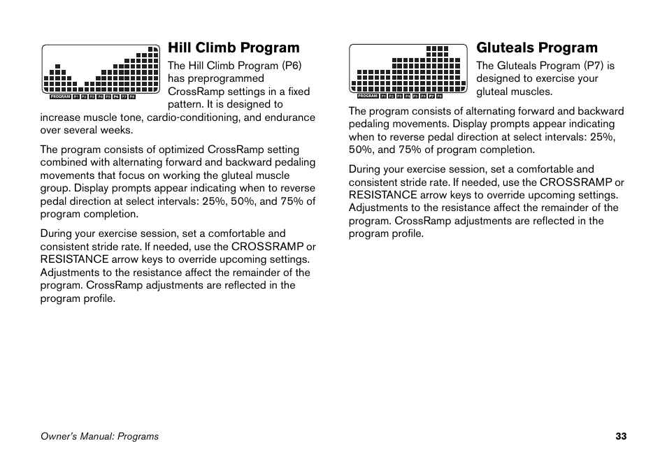 Hill climb program, Gluteals program, Hill climb program gluteals program | Precor PECOR ELLITICAL FITNESS CROSSTRAINER EFX User Manual | Page 49 / 62