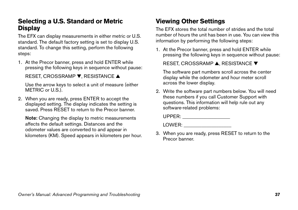 Selecting a u.s. standard or metric display, Viewing other settings | Precor PECOR ELLITICAL FITNESS CROSSTRAINER EFX User Manual | Page 53 / 62