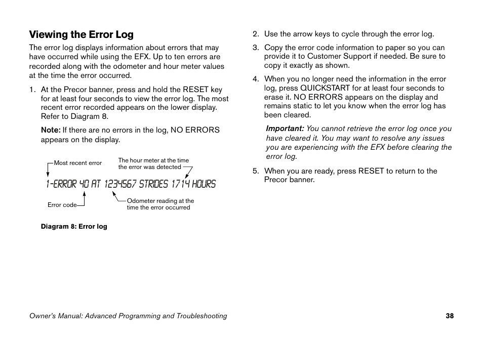 Viewing the error log | Precor PECOR ELLITICAL FITNESS CROSSTRAINER EFX User Manual | Page 54 / 62