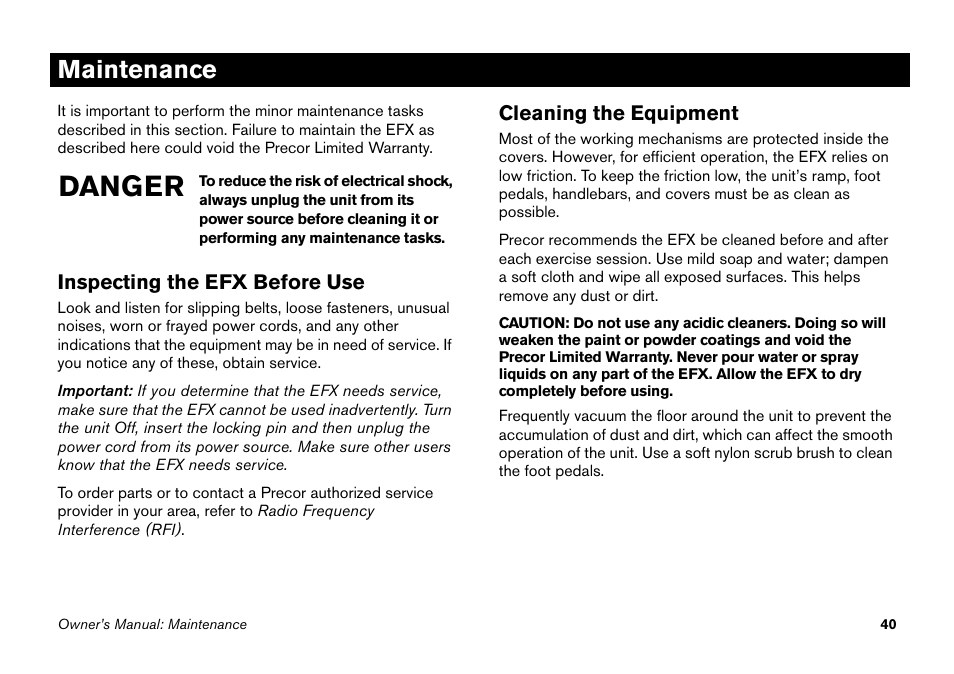 Maintenance, Inspecting the efx before use, Cleaning the equipment | Danger | Precor PECOR ELLITICAL FITNESS CROSSTRAINER EFX User Manual | Page 56 / 62