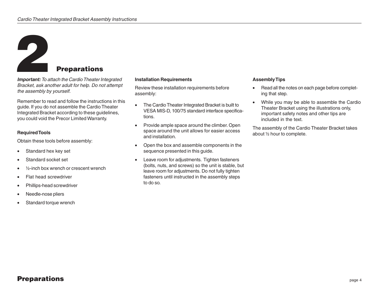 Preparations | Precor Cardio Theater Integrated Bracket C764i User Manual | Page 4 / 16