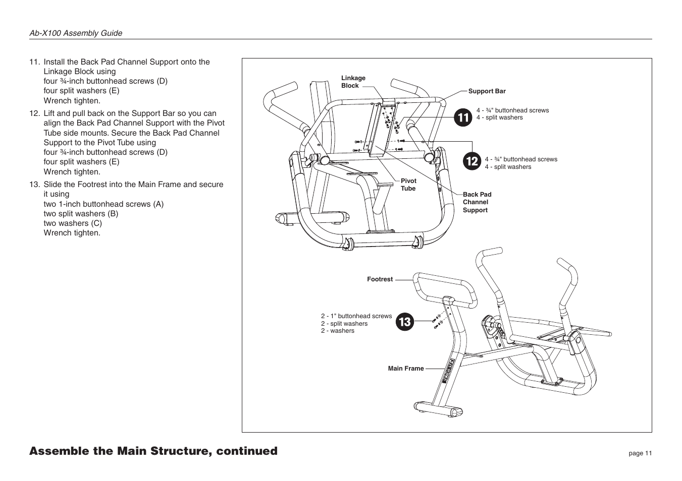 Assemble the main structure, continued | Precor Assembly Guide Ab-X100 User Manual | Page 11 / 16