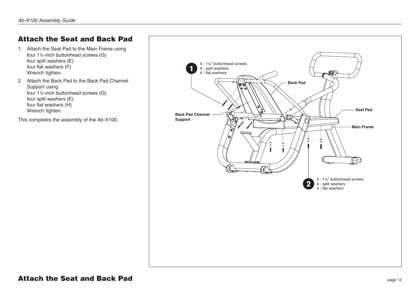 Attach the seat and back pad | Precor Assembly Guide Ab-X100 User Manual | Page 12 / 16