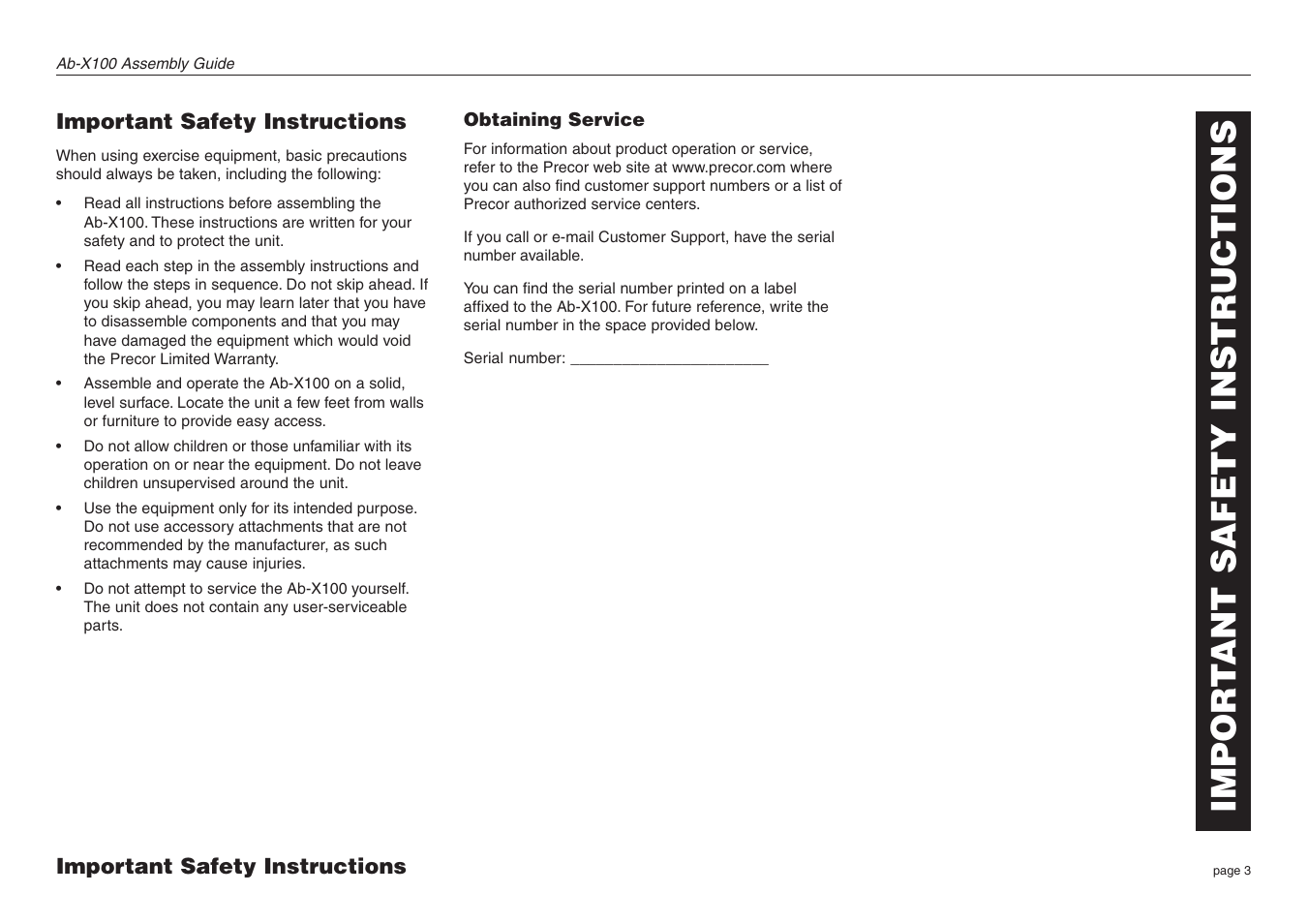 Impor t ant safety instructions | Precor Assembly Guide Ab-X100 User Manual | Page 3 / 16