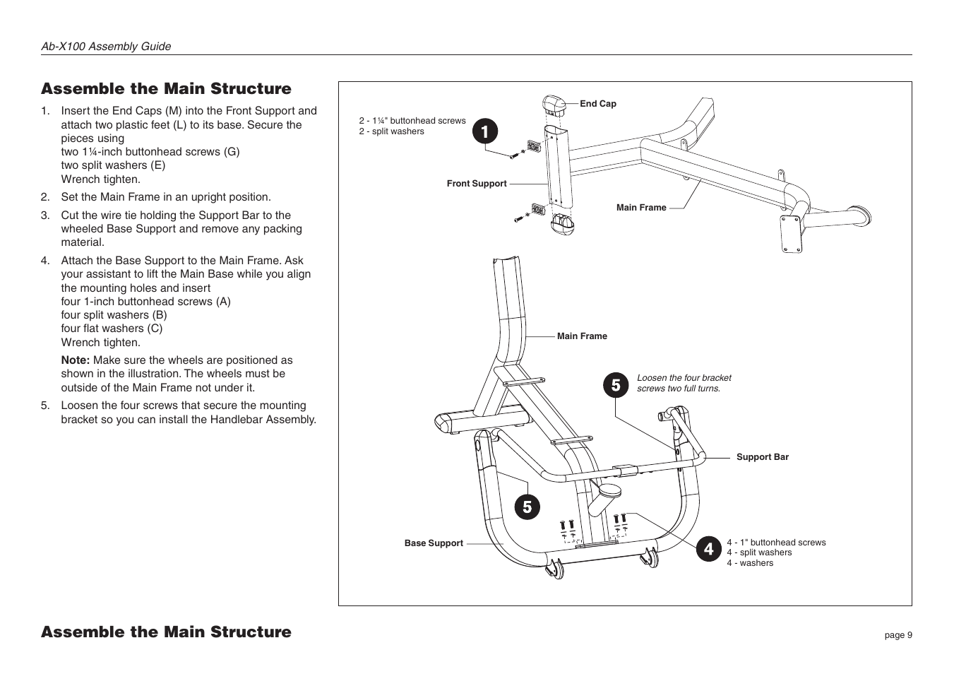 Assemble the main structure | Precor Assembly Guide Ab-X100 User Manual | Page 9 / 16