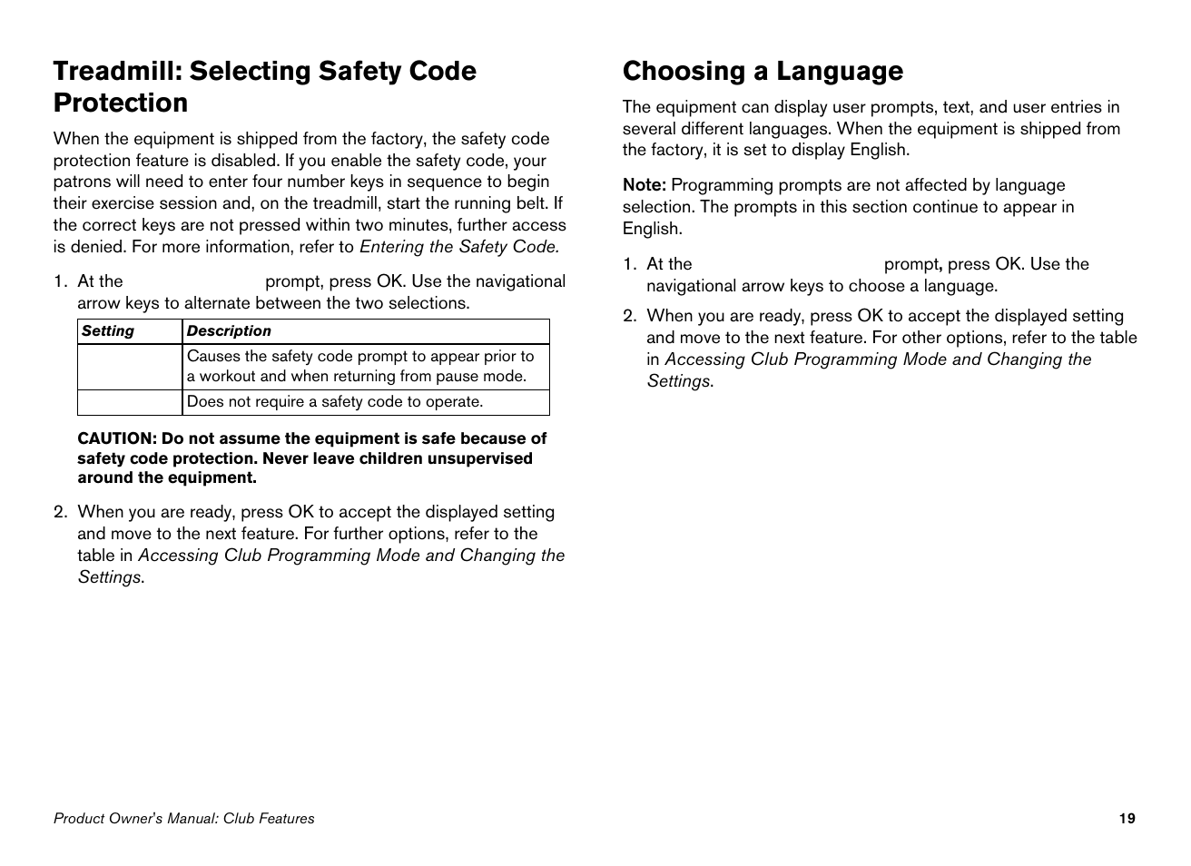 Treadmill: selecting safety code protection, Choosing a language | Precor Ellipticals EFX532i User Manual | Page 21 / 96