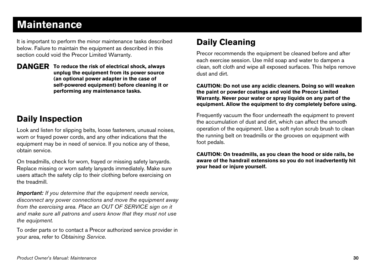 Maintenance, Daily inspection, Daily cleaning | Danger | Precor Ellipticals EFX532i User Manual | Page 32 / 96