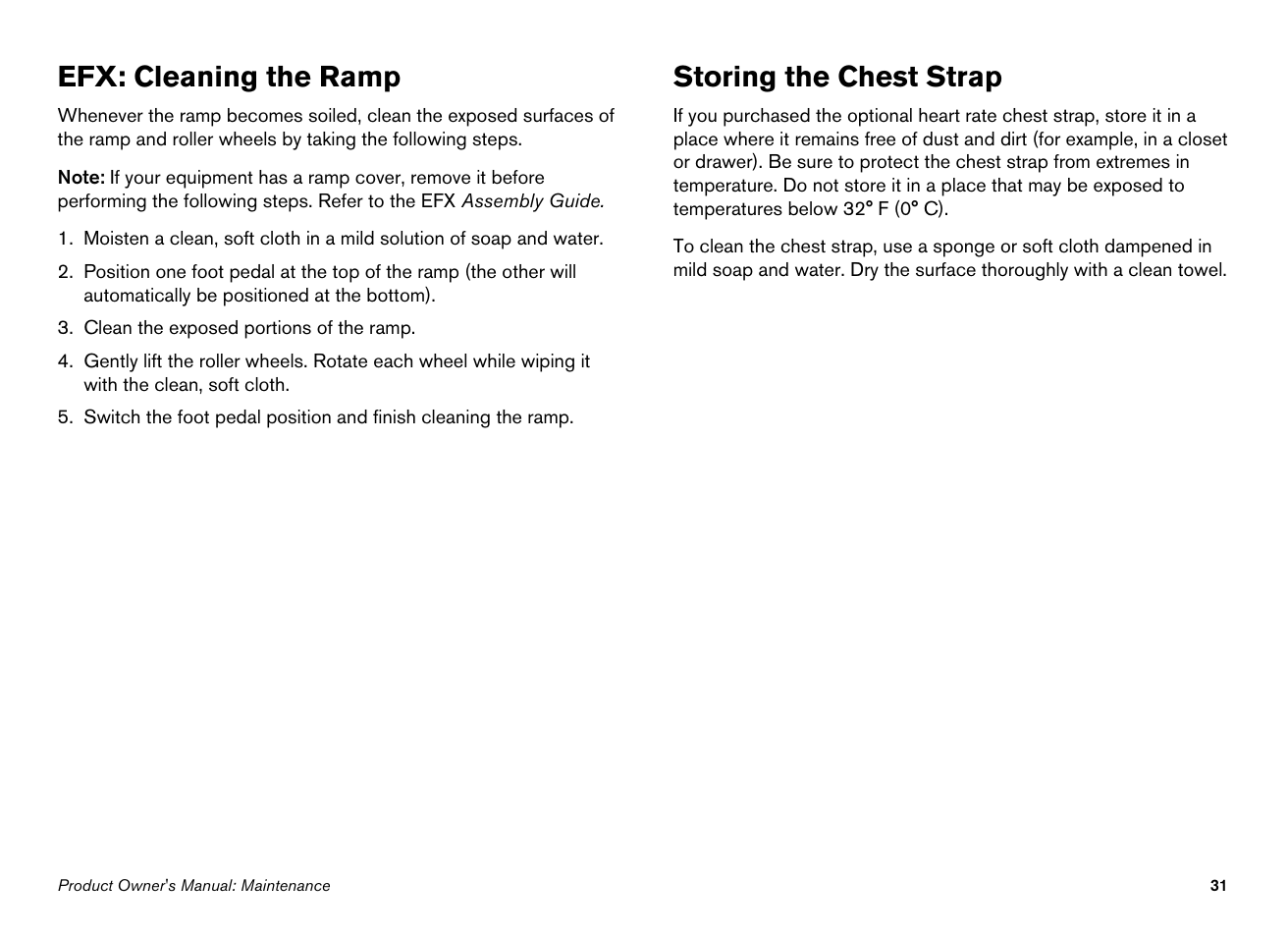 Efx: cleaning the ramp, Storing the chest strap | Precor Ellipticals EFX532i User Manual | Page 33 / 96