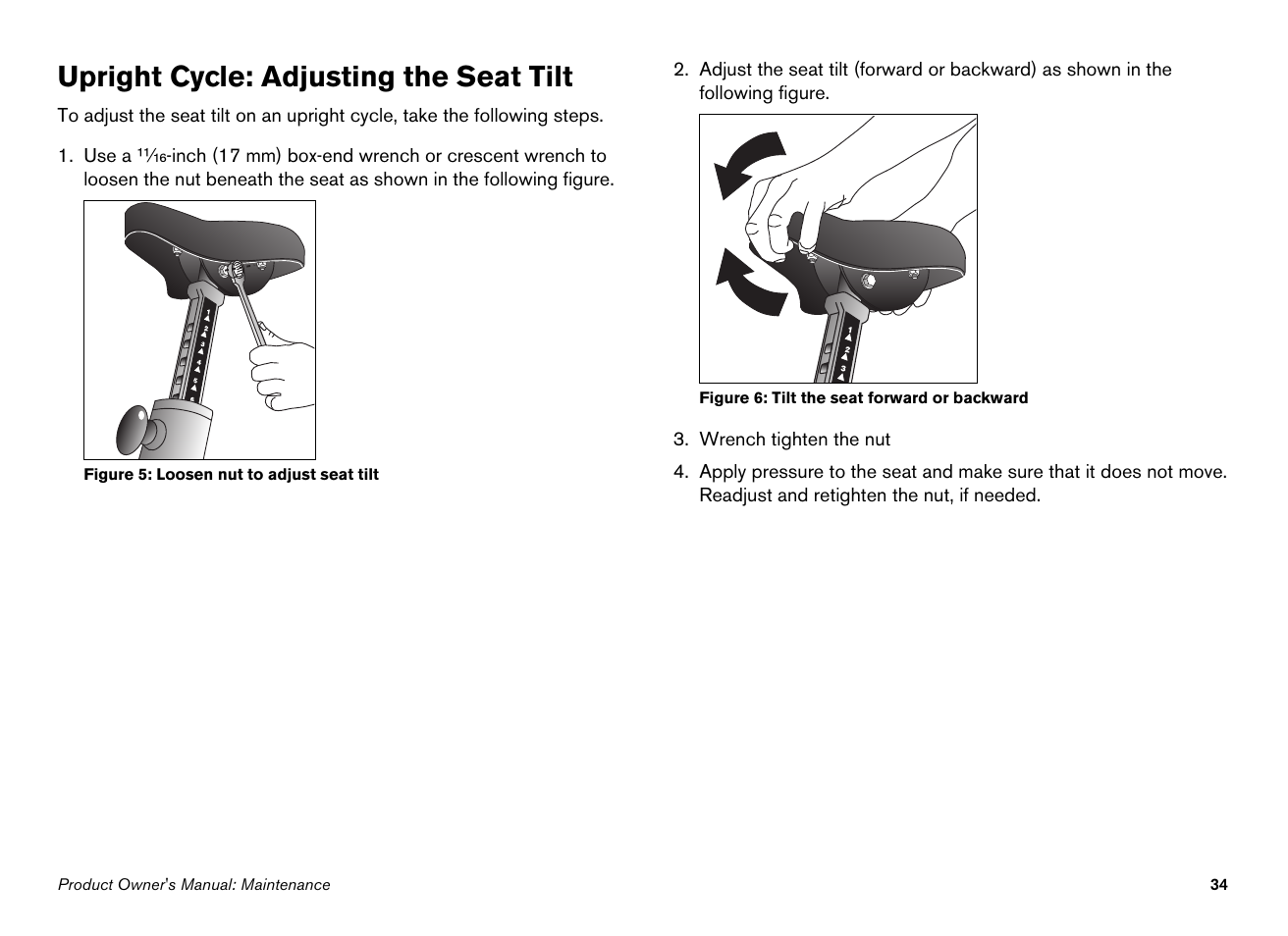 Upright cycle: adjusting the seat tilt | Precor Ellipticals EFX532i User Manual | Page 36 / 96