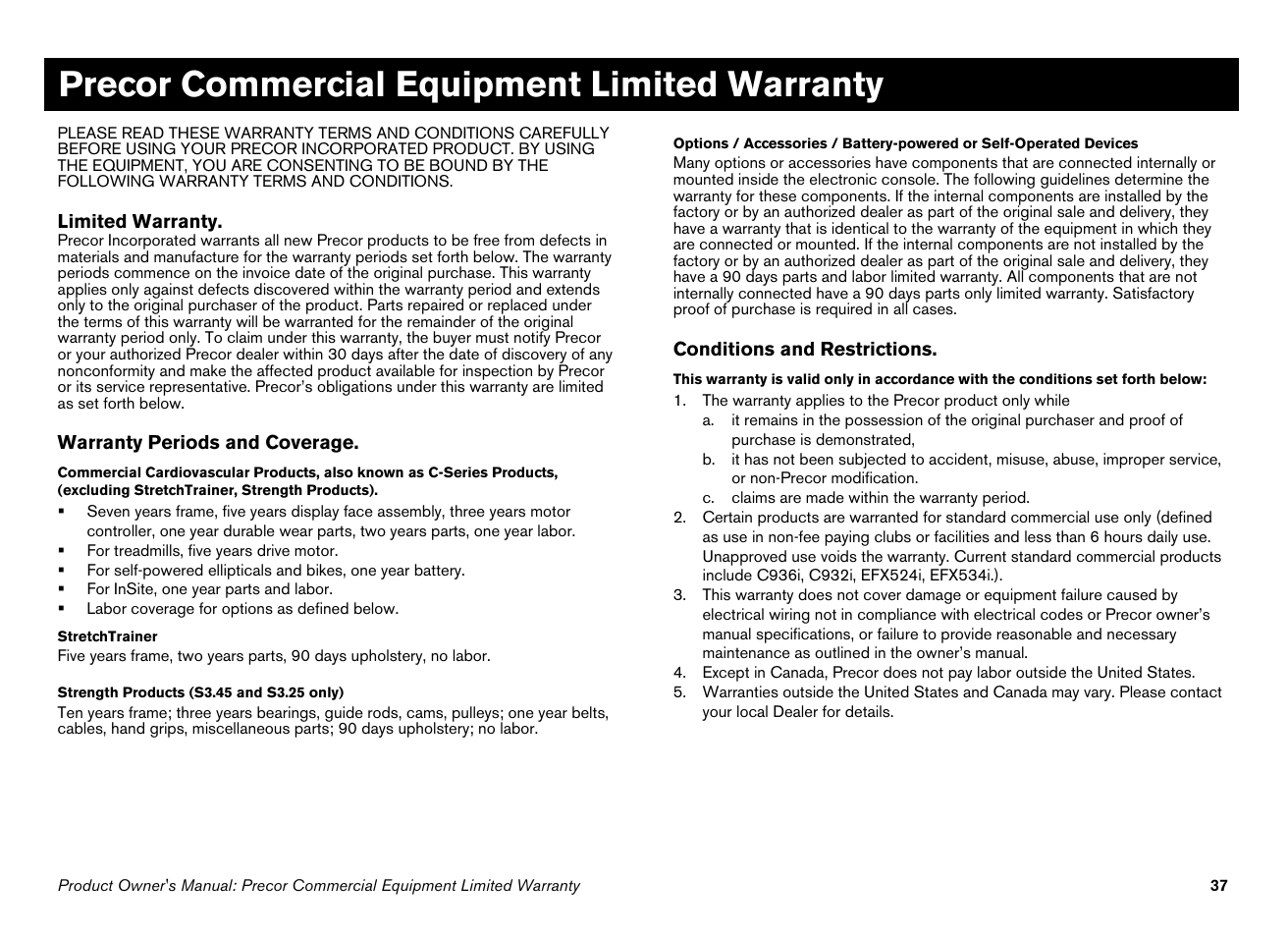 Precor commercial equipment limited warranty | Precor Ellipticals EFX532i User Manual | Page 39 / 96