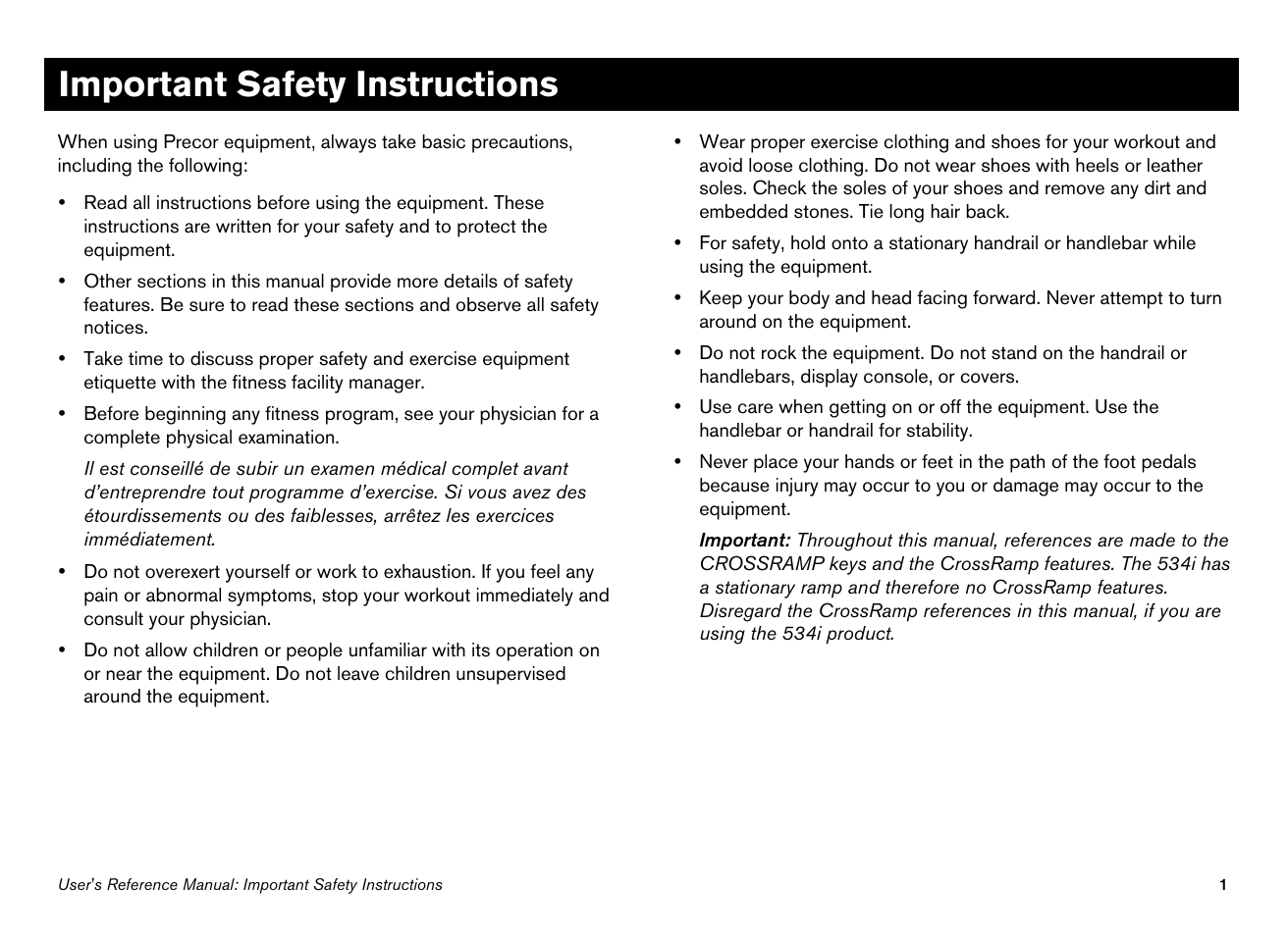 Important safety instructions, Obtaining service | Precor Ellipticals EFX532i User Manual | Page 47 / 96