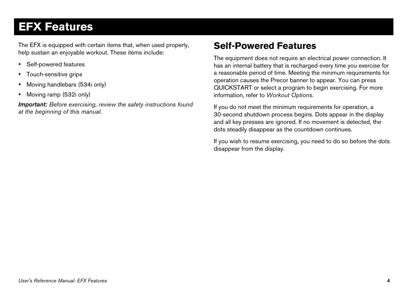 Efx features, Self-powered features, Using the stationary handrails | Precor Ellipticals EFX532i User Manual | Page 50 / 96